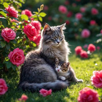 The primary subject of the image is a cat sitting on the grass, surrounded by a field of red flowers. The cat appears to be sleeping or resting, while the flowers provide a beautiful and vibrant backdrop. The setting is outdoors, with the cat and flowers being the main focus of the image. The visual style is a realistic photo, capturing the cat and flowers in their natural environment. The colors and mood of the image are predominantly warm and serene, with the red flowers adding a touch